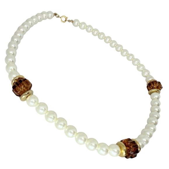 Faux Amber Glass Beaded Pearl Necklace 17" Gold Tone Element Girlcore Trendy - Picture 6 of 10